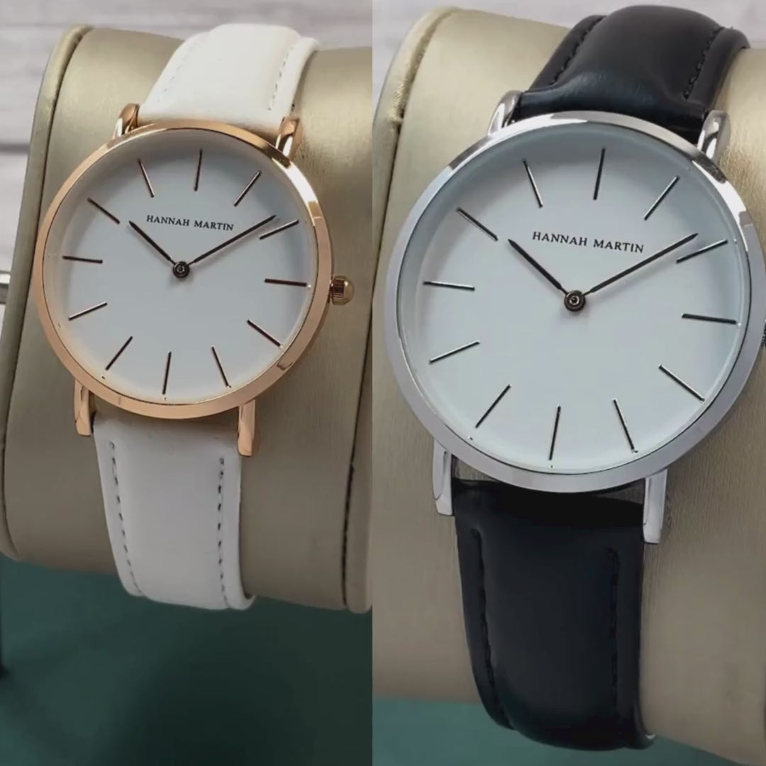 RELOJ HANNAH MARTIN ORIGINAL PARA PAREJA: "BLACK & WHITE LEATHER" | HAN-17/ HAN-18 (4)