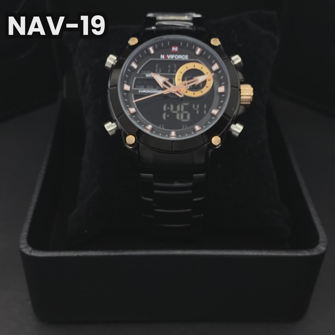 RELOJ NAVIFORCE ORGINAL - ELEGANTE DORADO Y NEGRO PARA HOMBFRE NF9163 | NAV-18 | NAV-19