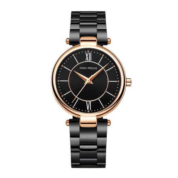 RELOJ MINIFOCUS ORIGINAL ELEGANTE NEGRO Y ORO ROSA PARA MUJER  | MIN-10 | MIN-17