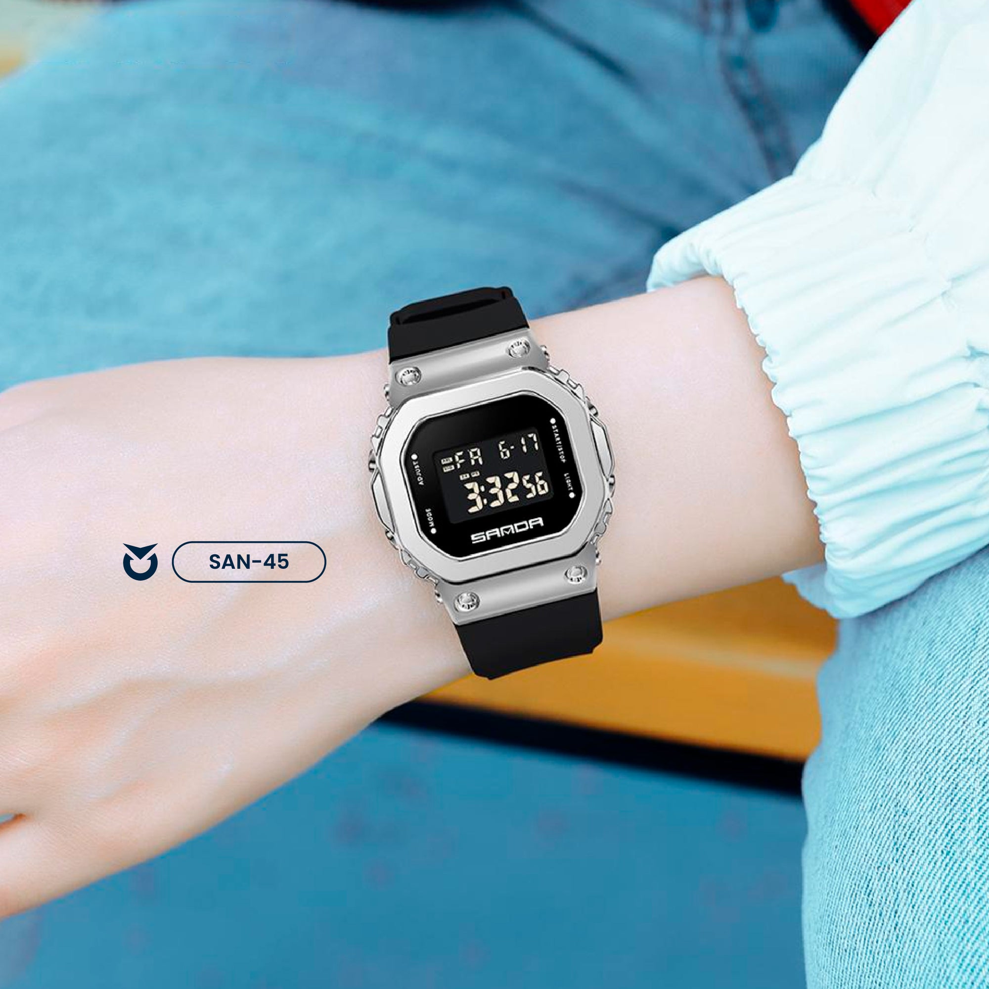 RELOJ SANDA DEPORTIVO CASUAL NEGRO PLATEADO | SAN-45